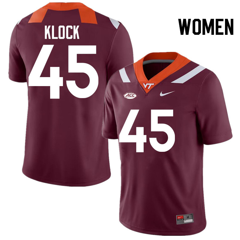 Women #45 Elijah Klock Virginia Tech Hokies College Football Jerseys Stitched-Maroon